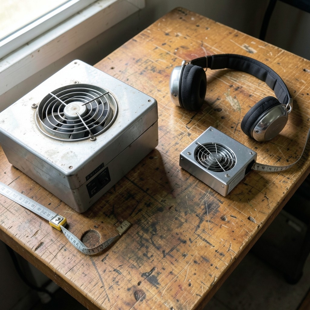 작업대 위에 나란히 놓인 서로 다른 두 채굴기와 귀마개, 줄자