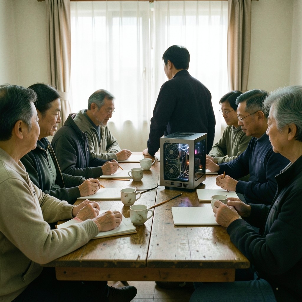 토요일 오전 교실에서 성인 수강생들이 노트와 실습용 채굴기를 함께 살펴보는 장면